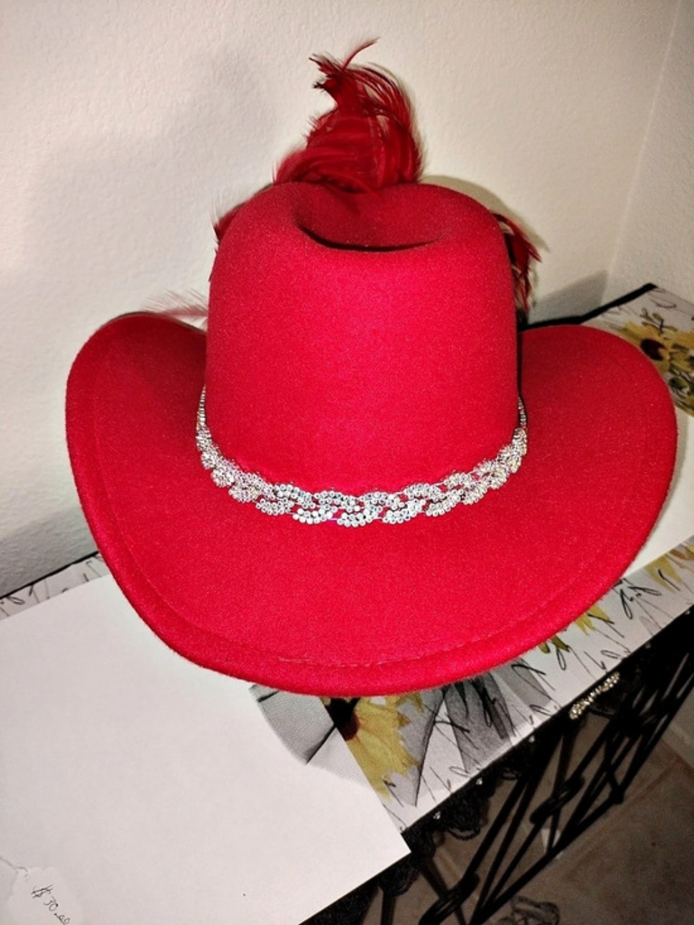 Red Rhinestone Feather Cowboy Hat